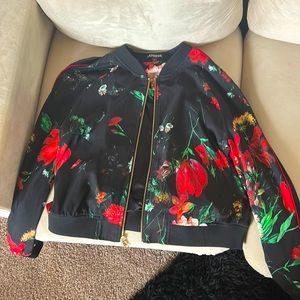 NWOT Express Floral Black Satin Bomber Jacket